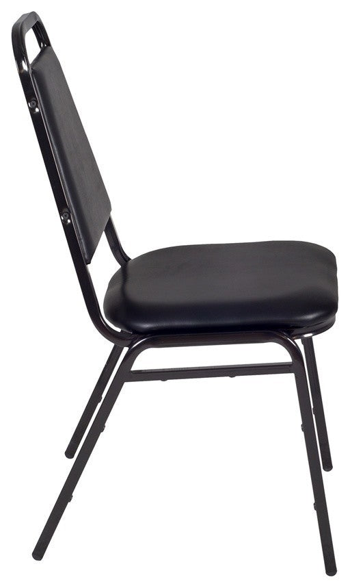Kee 48" Square Breakroom Table, Maple, Black, 4 Restaurant Stack Chairs, Black