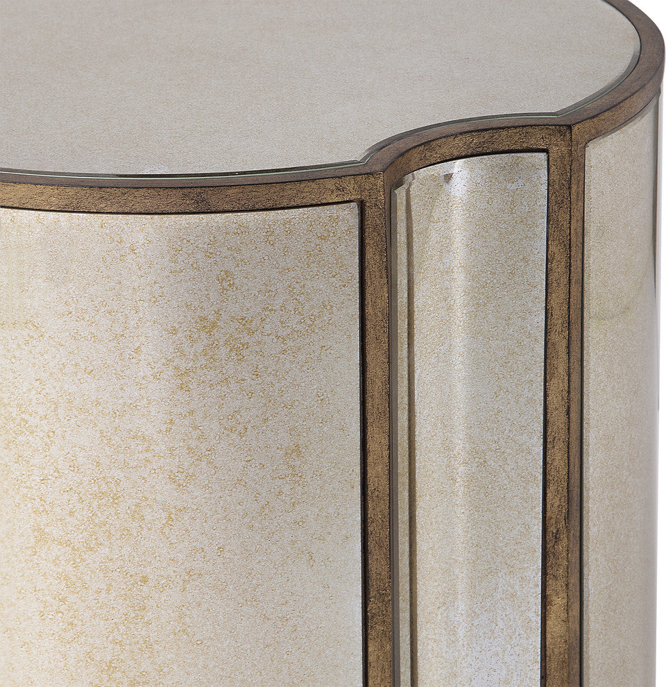 Mirrored Quatrefoil Shaped Accent Table | Round Geometric Gold Vintage Style