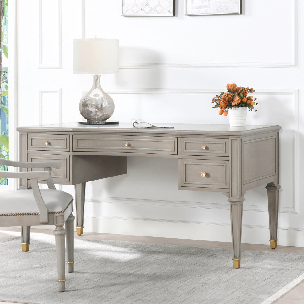 Dauphin Gold Accent 5-Drawer Wood Executive Desk, Gray Cashmere