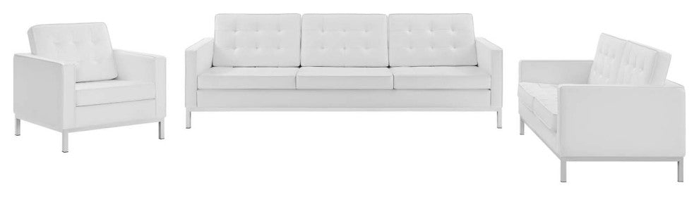 Loft Tufted Upholstered Faux Leather 3 Piece Set Silver White