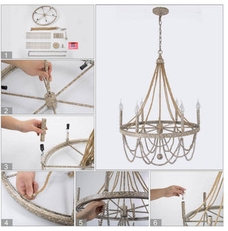 6-Light Rustic Wagon Wheel Candle Chandelier, Gray