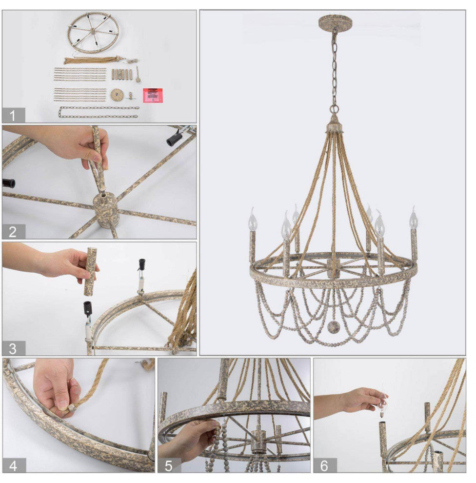 6-Light Rustic Wagon Wheel Candle Chandelier, Gray