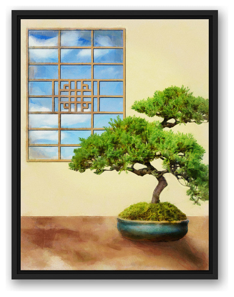 Bonsai Tree Relaxing Spa Room 18x24 Black Floating Framed Canvas