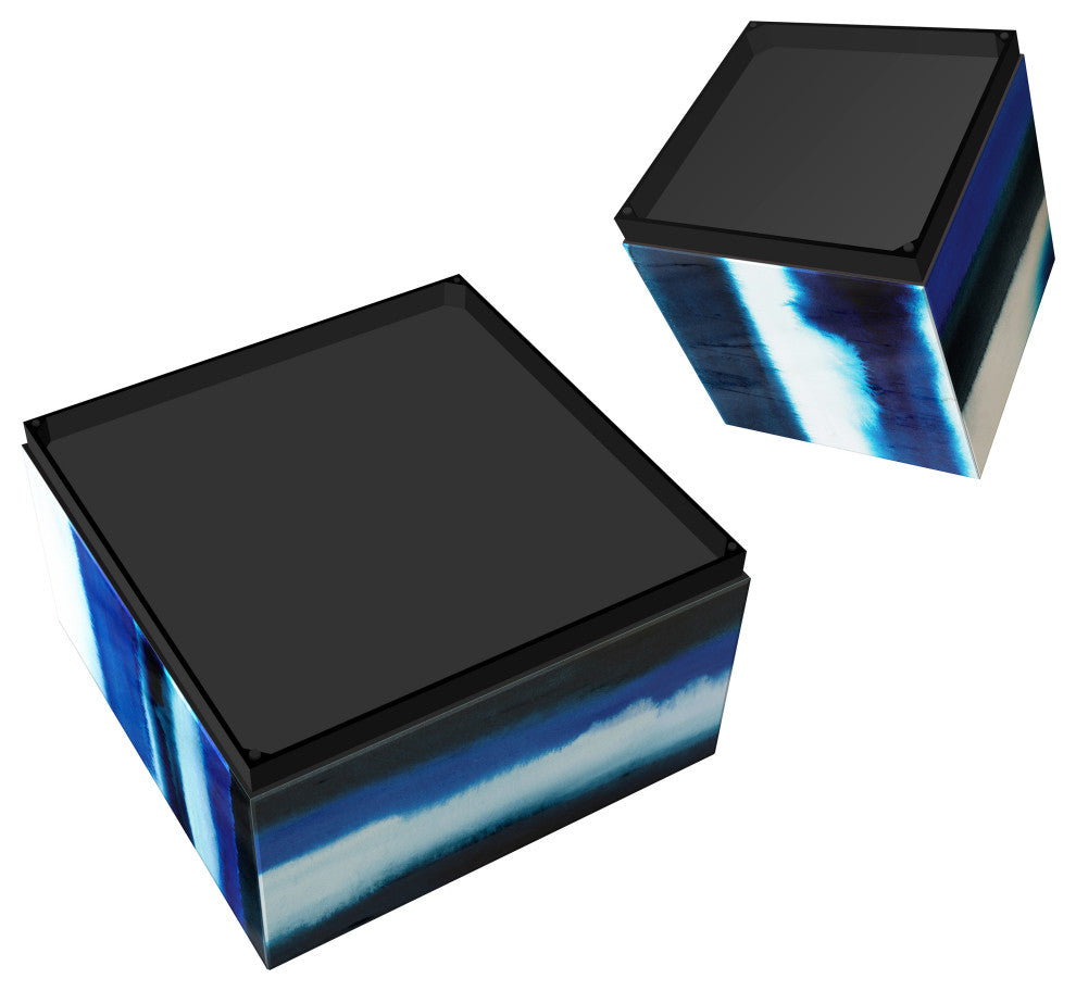 "Blue Run Off" Reverse Printed Glass Side Table with Black Plinth Base Set of 2