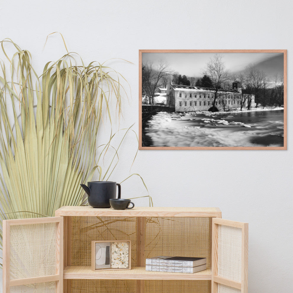 Winter at Powder Mill Rural Landscape Framed Photo Paper Wall Art Prints, Red Oak, 24" X 36"