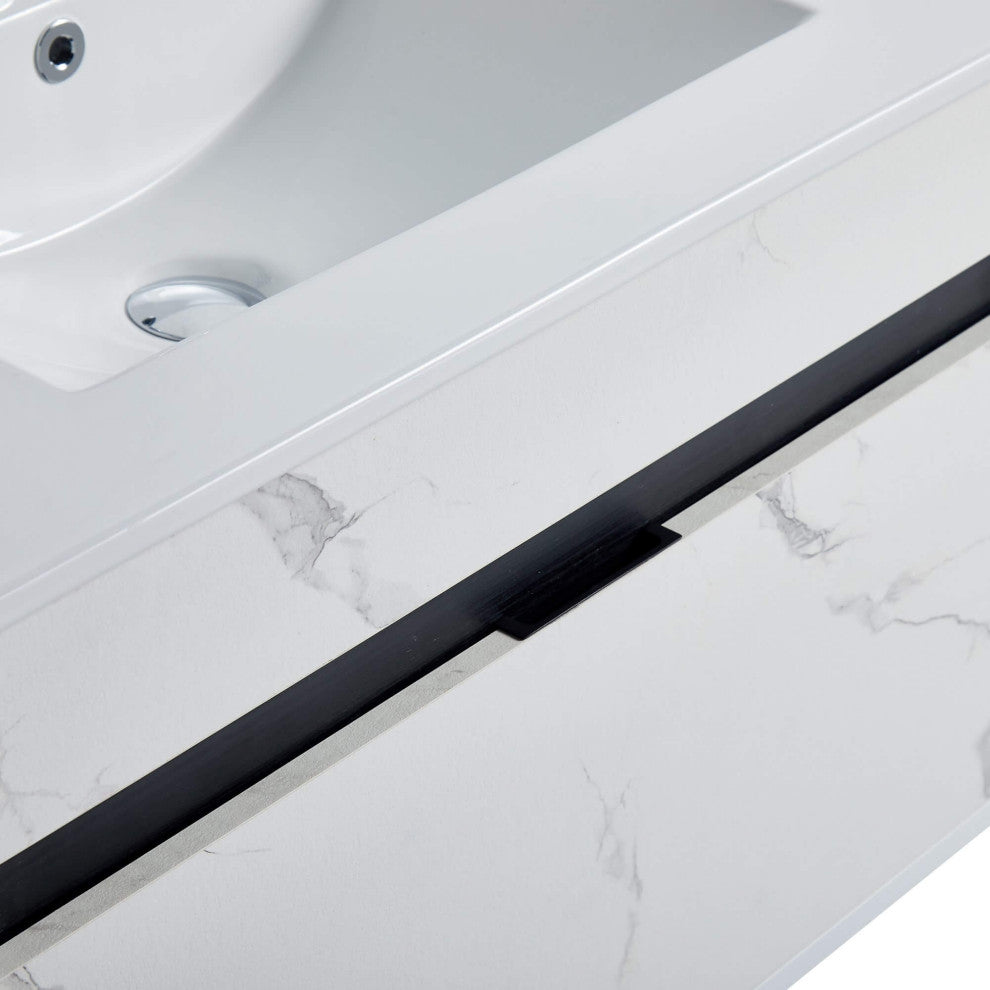 Alpine Wall Mount Bathroom Vanity and Sink, White Marble, 30"