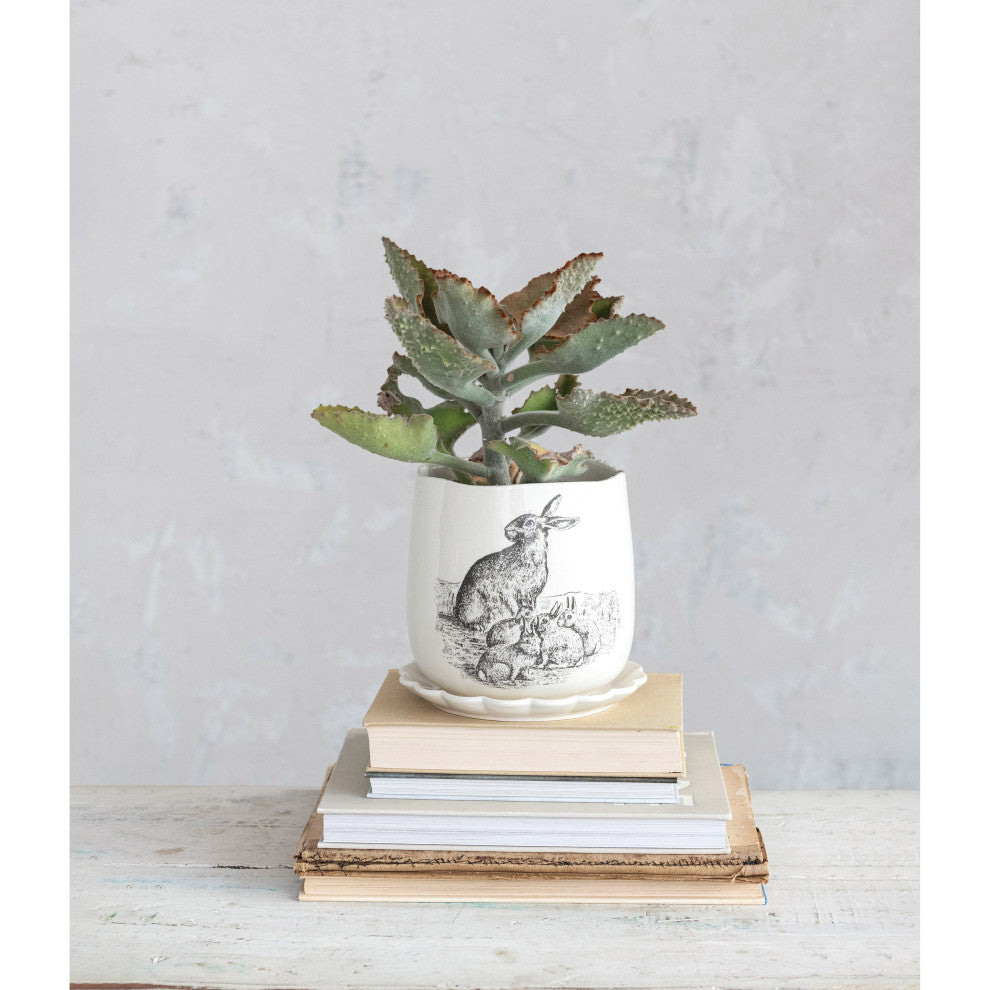 6.5" Round Stoneware Planter, Holds 5" Pot, White, Charcoal, Set of 2