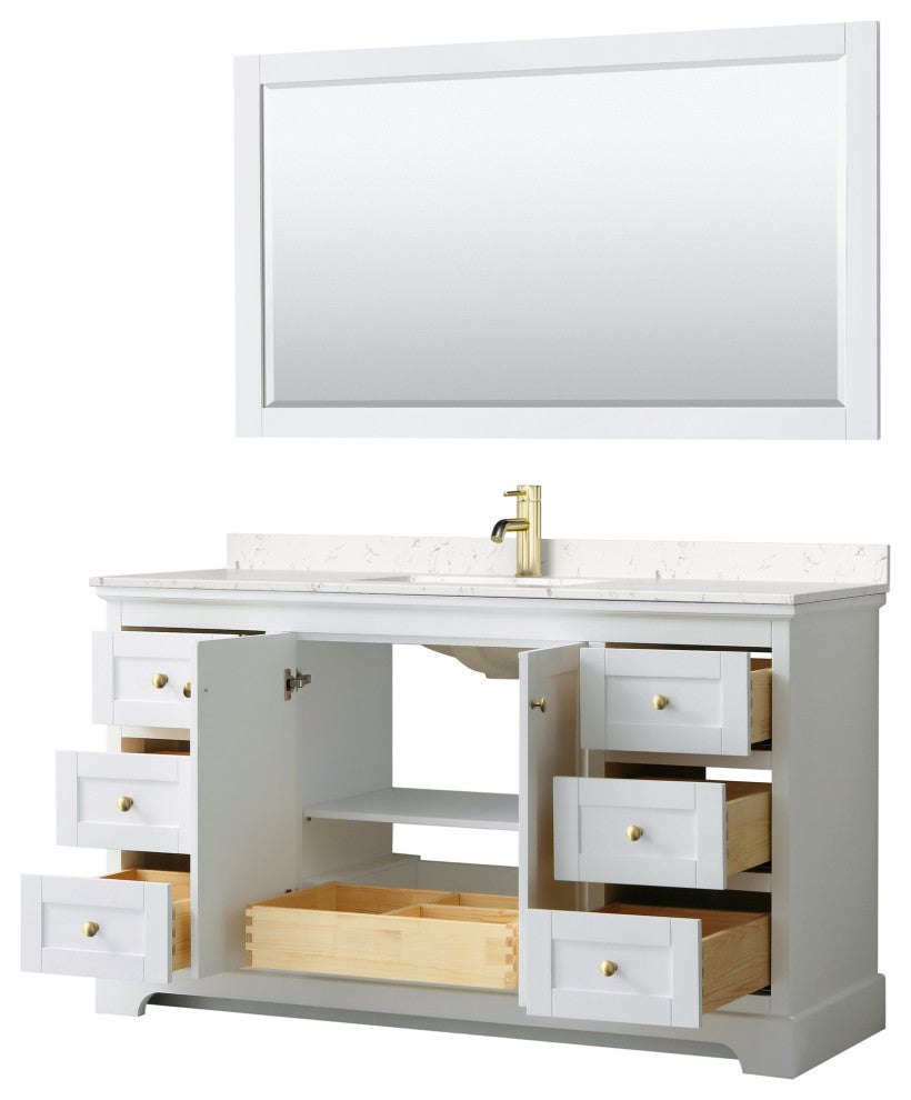 60" Single Vanity White, LV Carrara Cult. Marble Top, Sink, 58"Mirror, Gold Trim