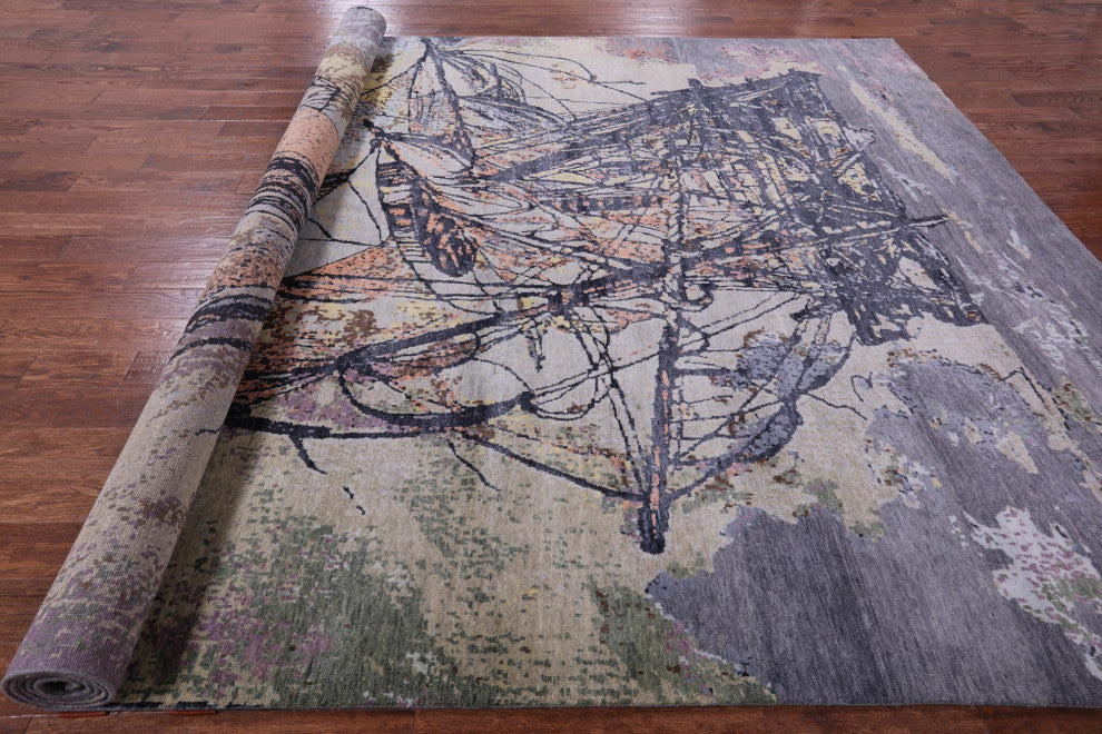 Wool and Silk Sailing Ship Hand Knotted Rug 9' 10" X 14' 2" Q11604