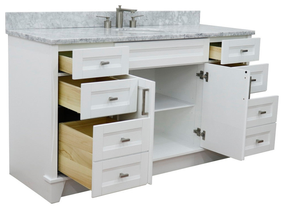 61" Single Sink Vanity, White Finish And White Carrara Marble And Oval Sink