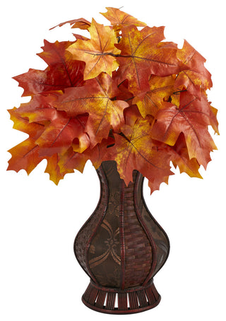 Full product view on white background; front-facing, no text overlays; represents the decorative maple leaf artificial plant in a planter.