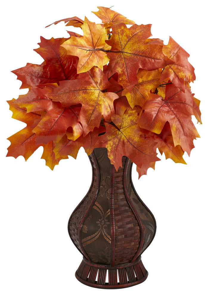 Full product view on white background; front-facing, no text overlays; represents the decorative maple leaf artificial plant in a planter.