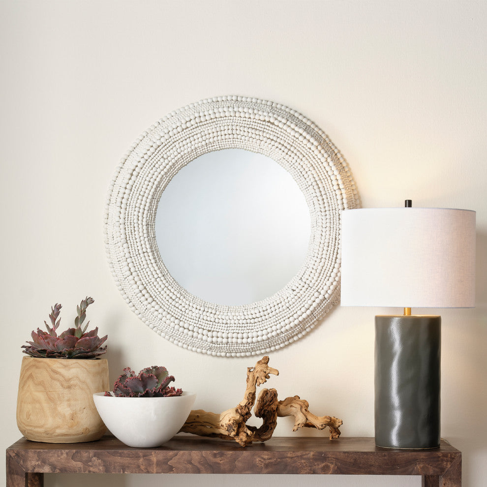 Strand Wood Beaded Round Mirror, Natural, White