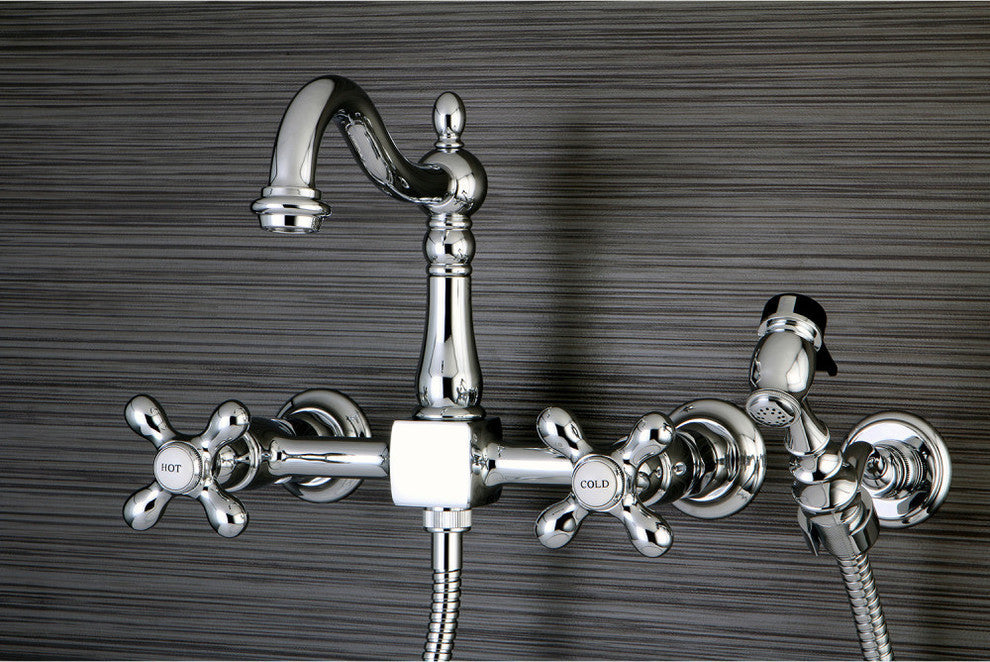 Heritage Wall Mount Bridge Kitchen Faucet, Brass Sprayer, Polished Chrome