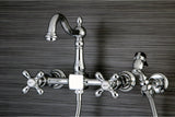 Heritage Wall Mount Bridge Kitchen Faucet, Brass Sprayer, Polished Chrome