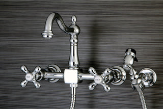 Heritage Wall Mount Bridge Kitchen Faucet, Brass Sprayer, Polished Chrome