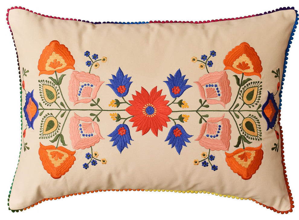 Lumbar Beige Floral Cotton Decorative Pillow Cover Silk Embroidery  18x18"
