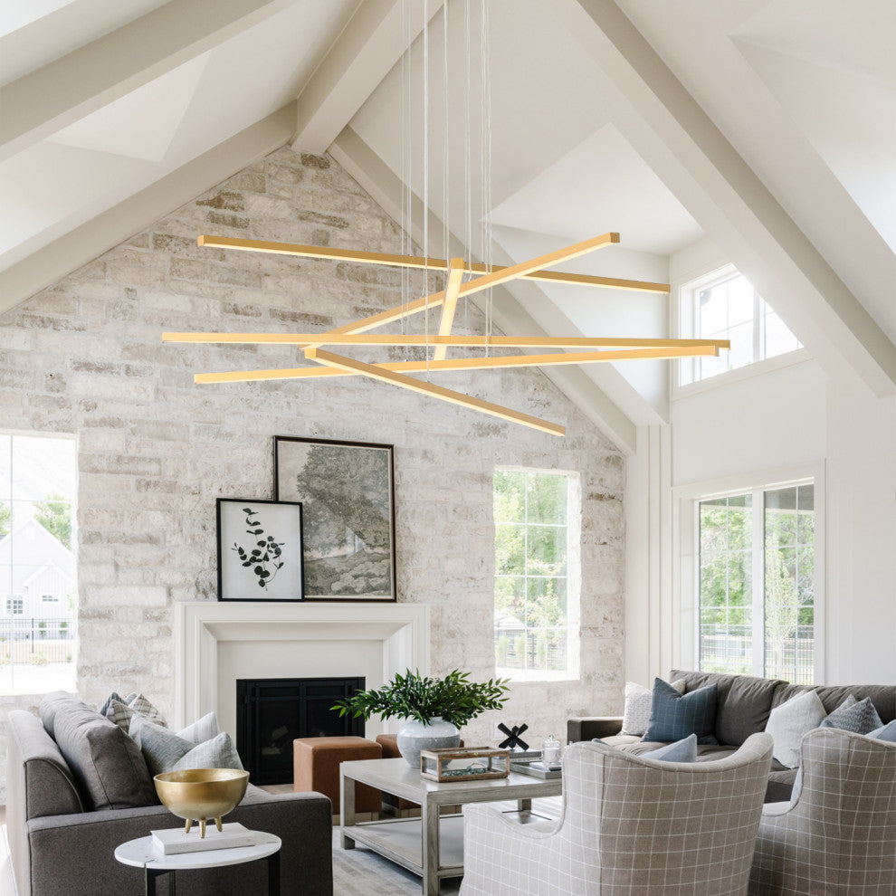 LED Modern Line Pendant Light Dimming, Remote, Aluminum Light, Gold, 6 Lights