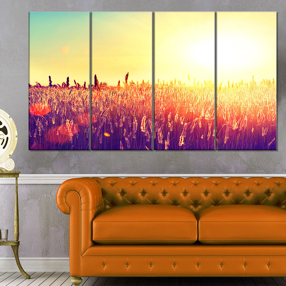 Rural Fields under Shining Sun, Large Landscape Canvas Art, 48"x28", 4 Panels