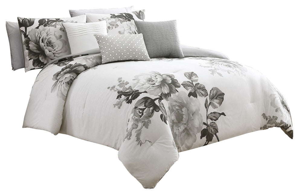 Benzara BM225192 7 Piece Queen Comforter Set with Floral Print, Gray & White