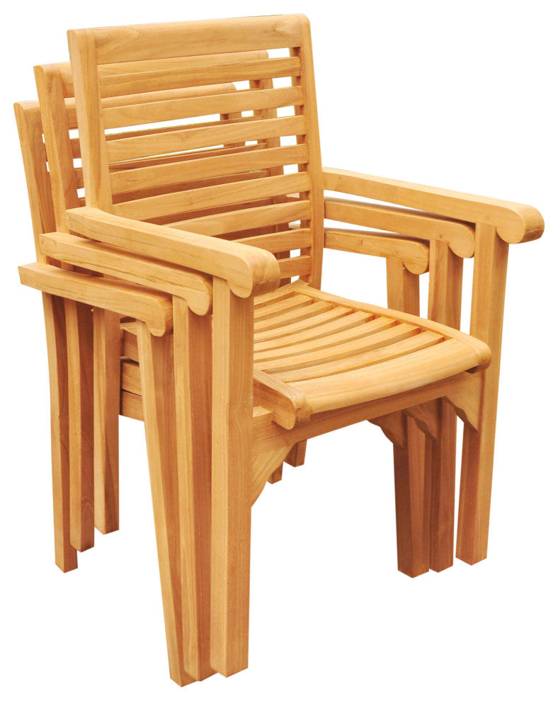 10-Piece Outdoor Teak Dining Set: 72" Round Table, 9 Hari Stacking Arm Chairs