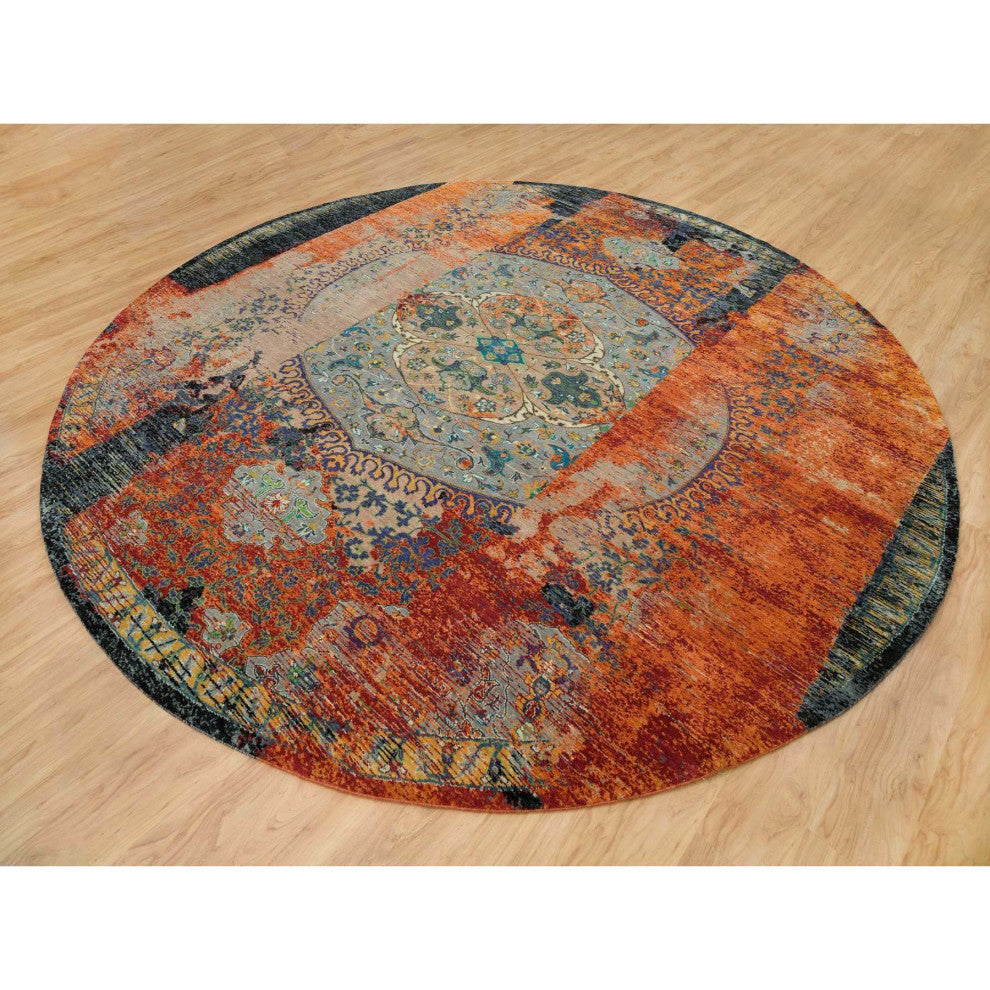 Orange Ancient Ottoman Erased Design Wool Hand Knotted Round Rug 12'1"x12'1"