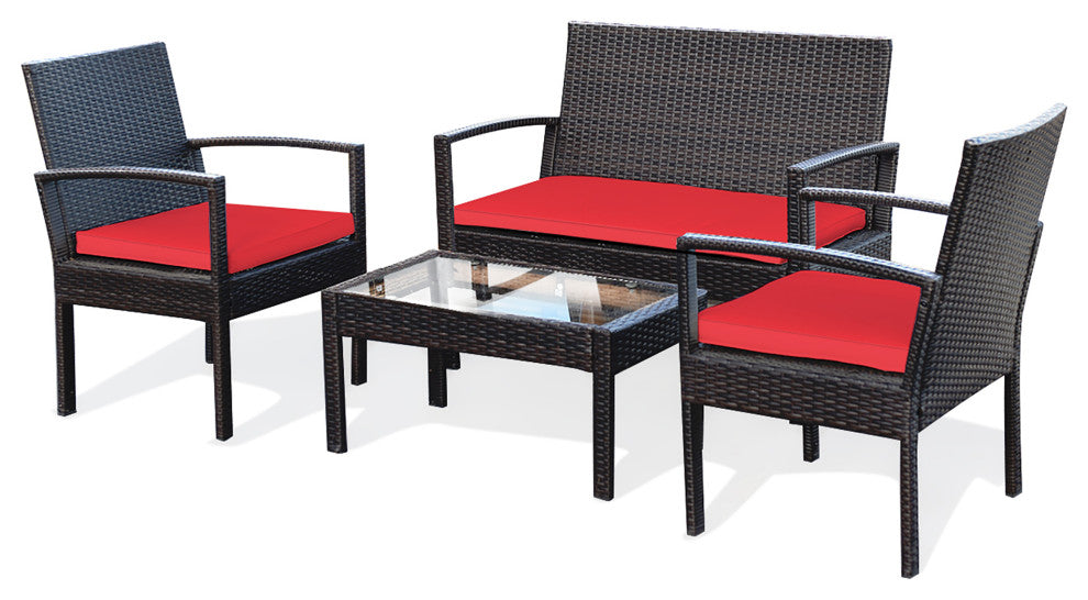 Costway 4PCS Patio Rattan Furniture Set Cushioned Loveseat Armrest Red