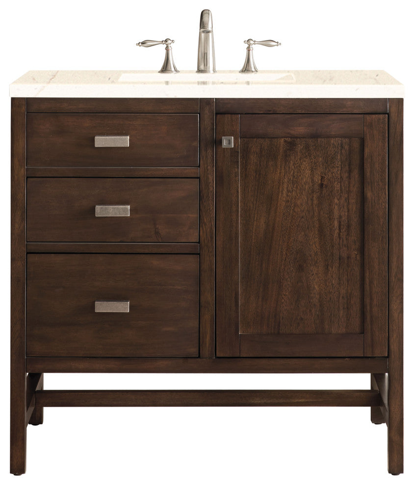Addison 36" Single Vanity Cabinet, Mid Century Acacia, 3CM Eternal Marfil Quartz