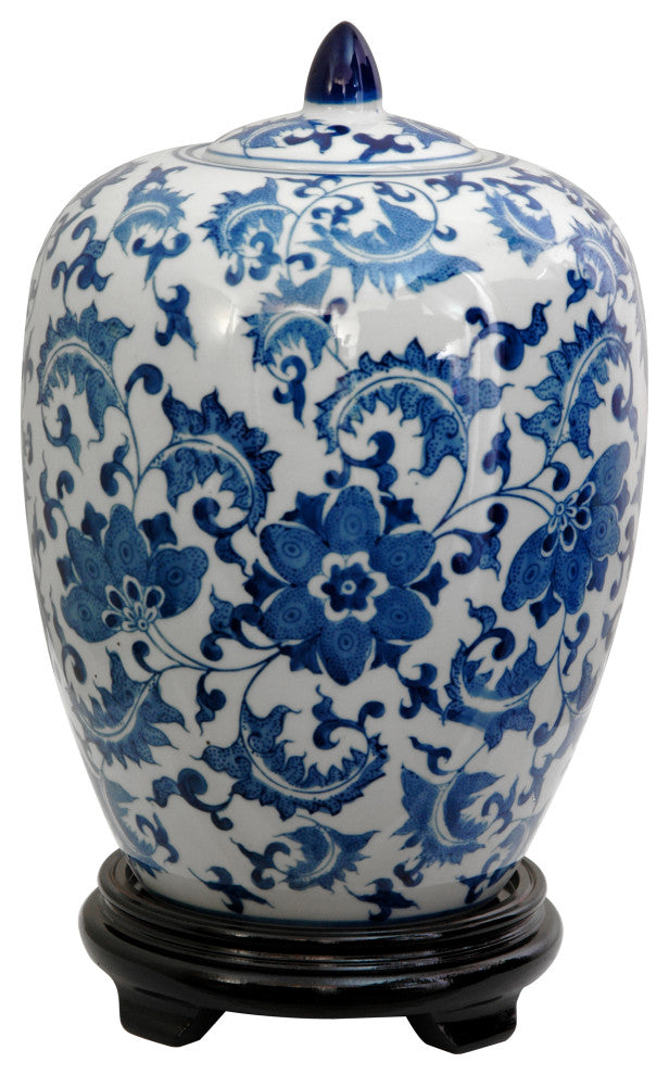 11" Floral Blue and White Porcelain Vase Jar