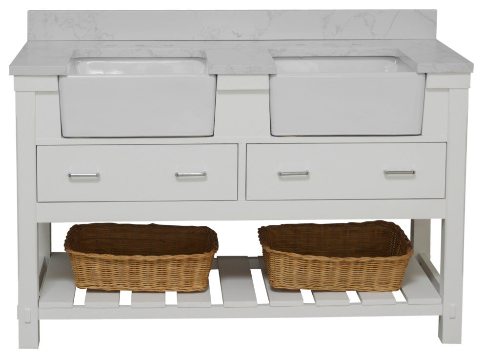 Charlotte 60" Bathroom Vanity, White, Engineered Carrara, Double