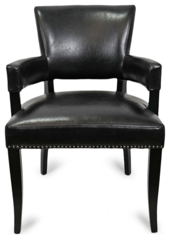 Black Leather and Nailhead Arm Dining Chair