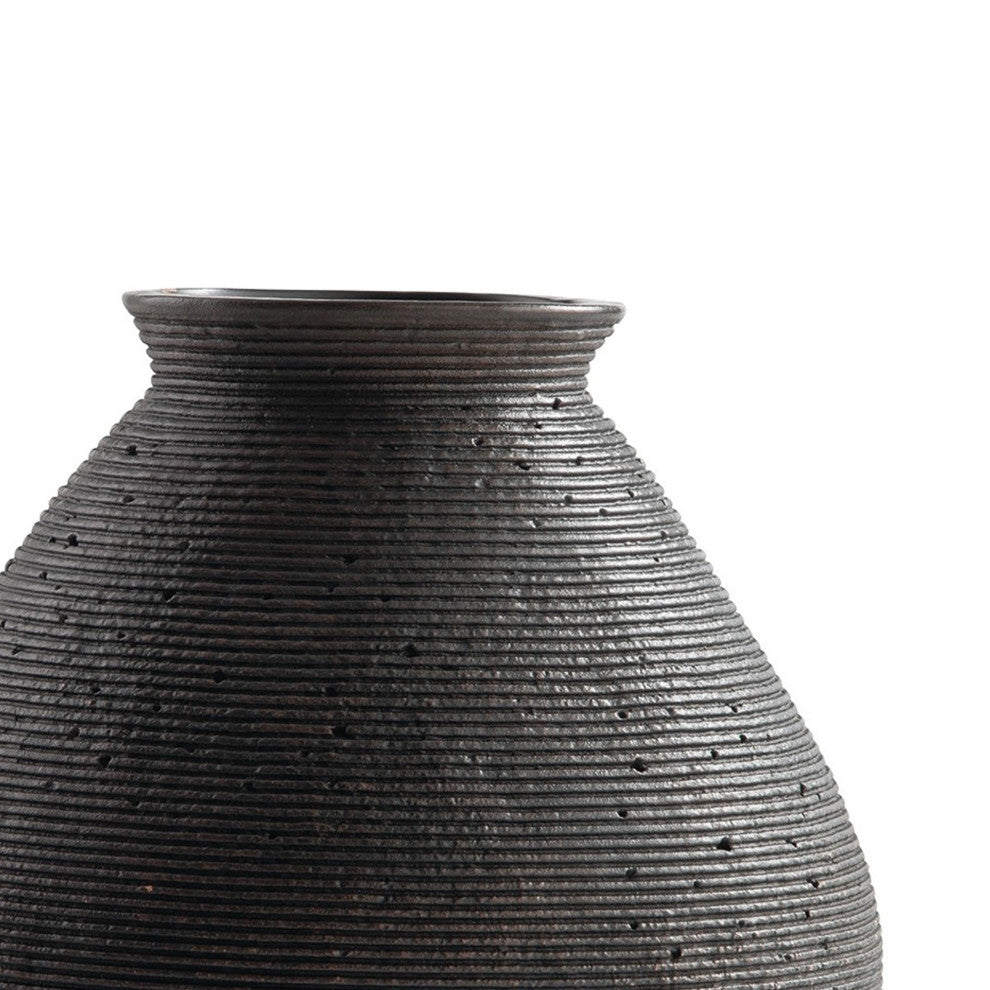 Benzara BM283062 Dale 12" Round Polyresin Vase, Wavy Ribbed Spiral, Brown