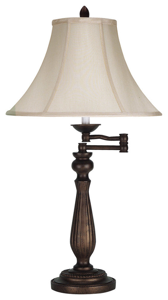 150W 3 Way Swing Arm Table Lamp, Antique Rust Finish, Pearl Shade