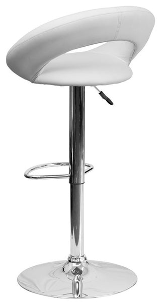 Contemporary White Vinyl Rounded Back Adjustable Barstool With Chrome Base