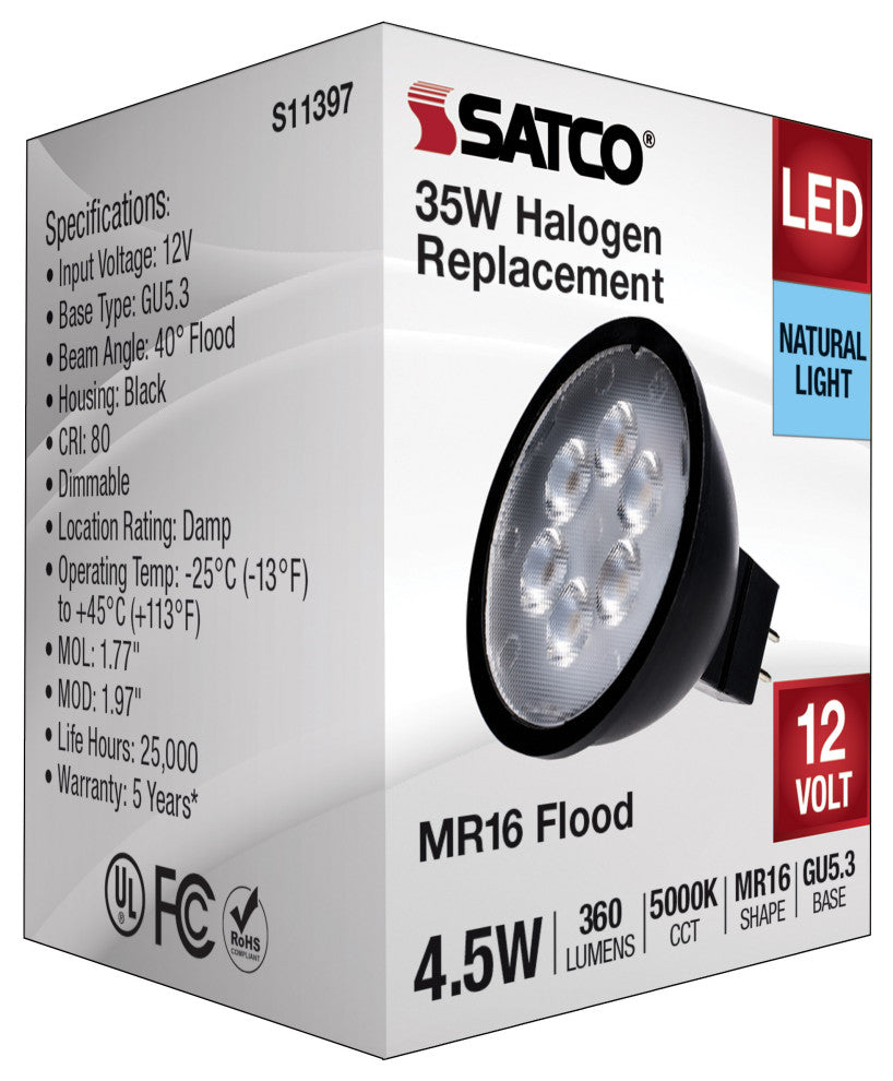 4.5W MR16 LED, Black Finish, 5000K, GU5.3 Base, 360 Lumens, 12V