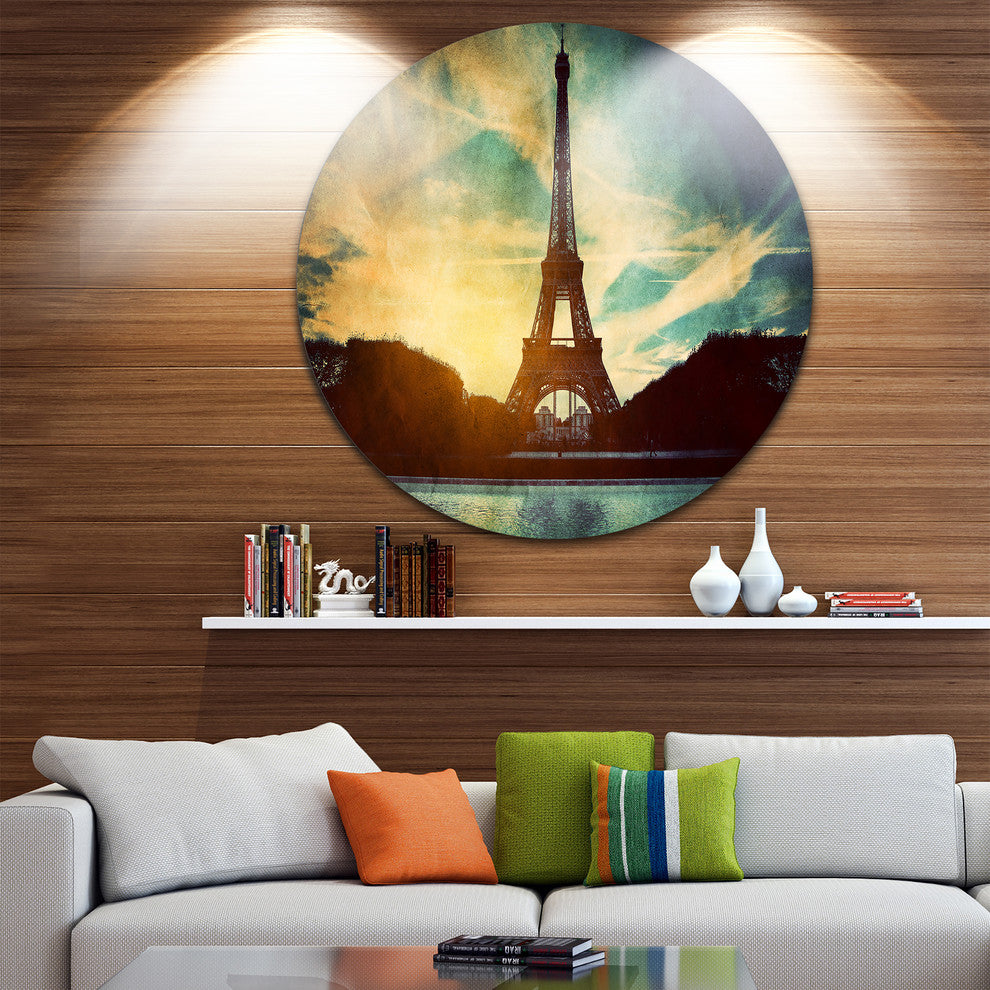 Eiffel Tower Retro Style, Cityscape Round Wall Art, 23"
