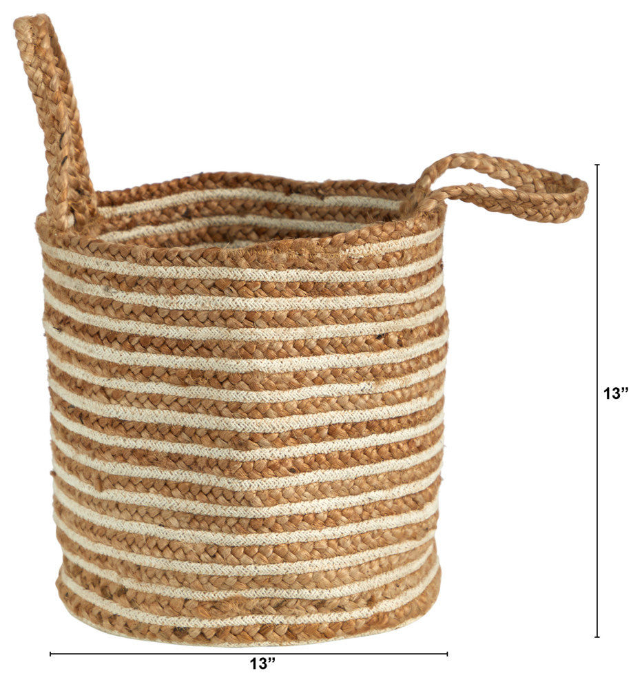 14" Boho Chic Basket Planter Natural Cotton & Jute, Handwoven Stripe W/ Handles