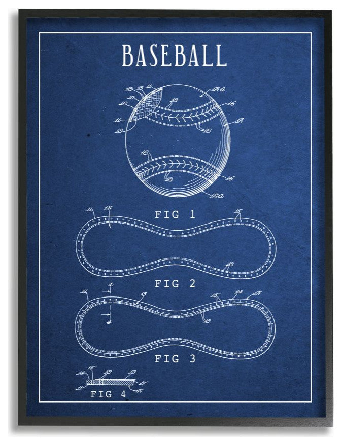 Stupell Industries Baseball Blueprint Vintage Sports Design, 16"x20", Black
