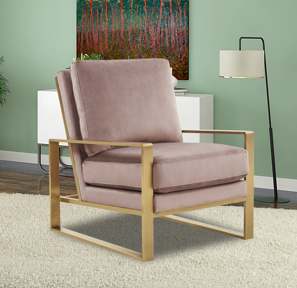 LeisureMod Jefferson Velvet Accent Armchair With Gold Frame, Pink