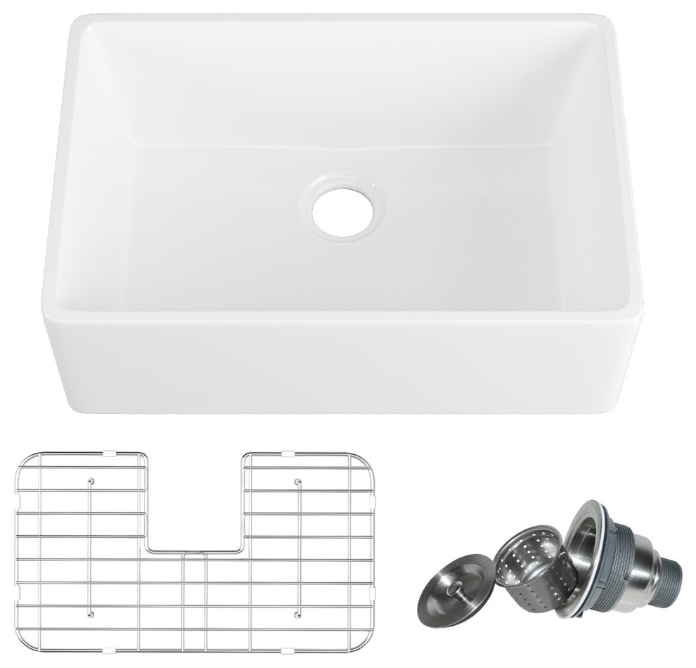 33'' Farm Kitchen Sink Ceramic Rectangular Single Bowl With Grid and Strainer
