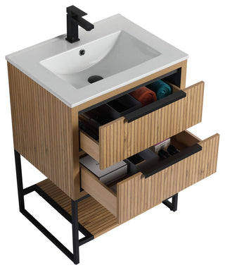 Kingsford Grooved-Look Bath Vanity, Bright Oak, White Ceramic Sink, 24", Drawers