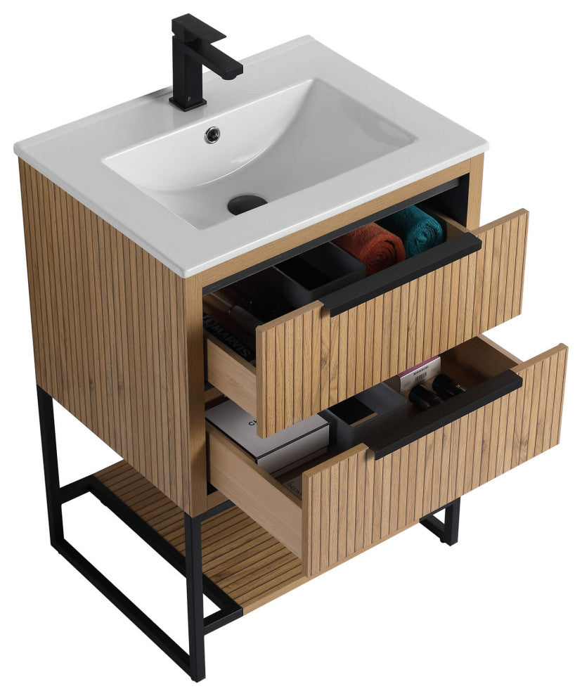 Kingsford Grooved-Look Bath Vanity, Bright Oak, White Ceramic Sink, 24", Drawers