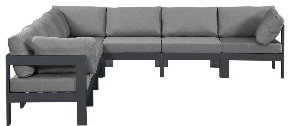 Nizuc Water Resistant Patio L-Shaped Modular Sectional, Gray, 7-Piece: 4 Armless Chair, 3 Corner Chair, Dark Gray Aluminum Frame