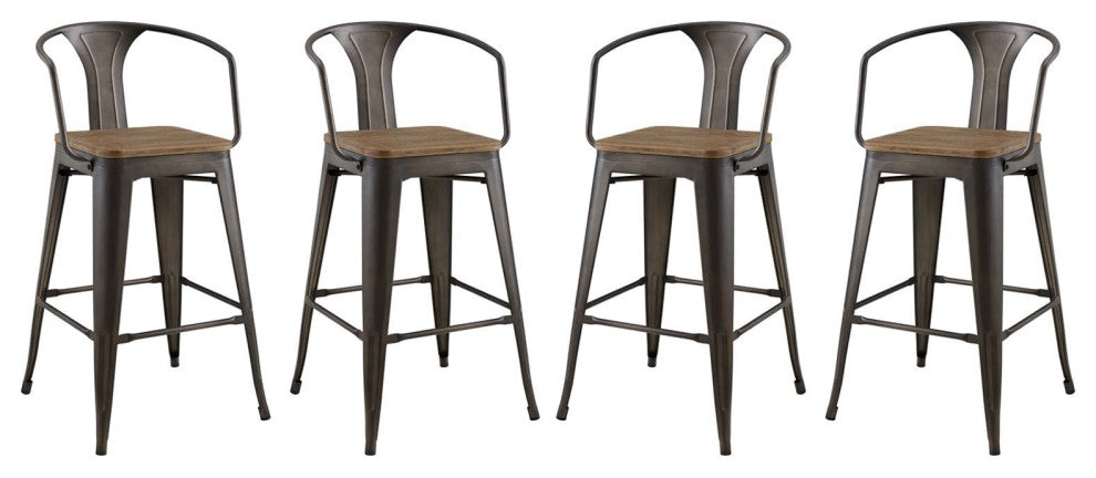 Bar Stool Chair Barstool, Set of 4, Wood, Metal, Brown, Modern, Bar Pub Bistro