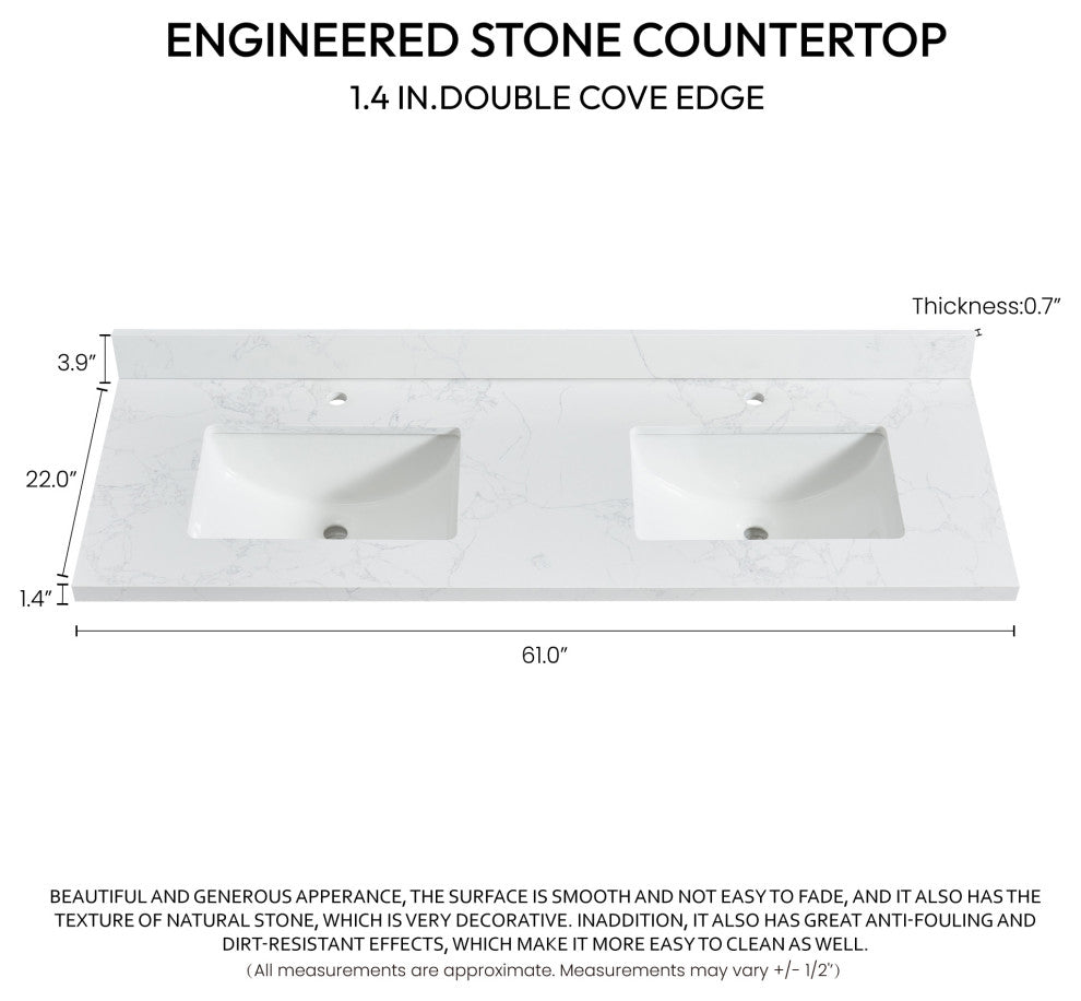 Malaga Composite Stone Vanity Top With Ceramic Sink, Grain White, 61"