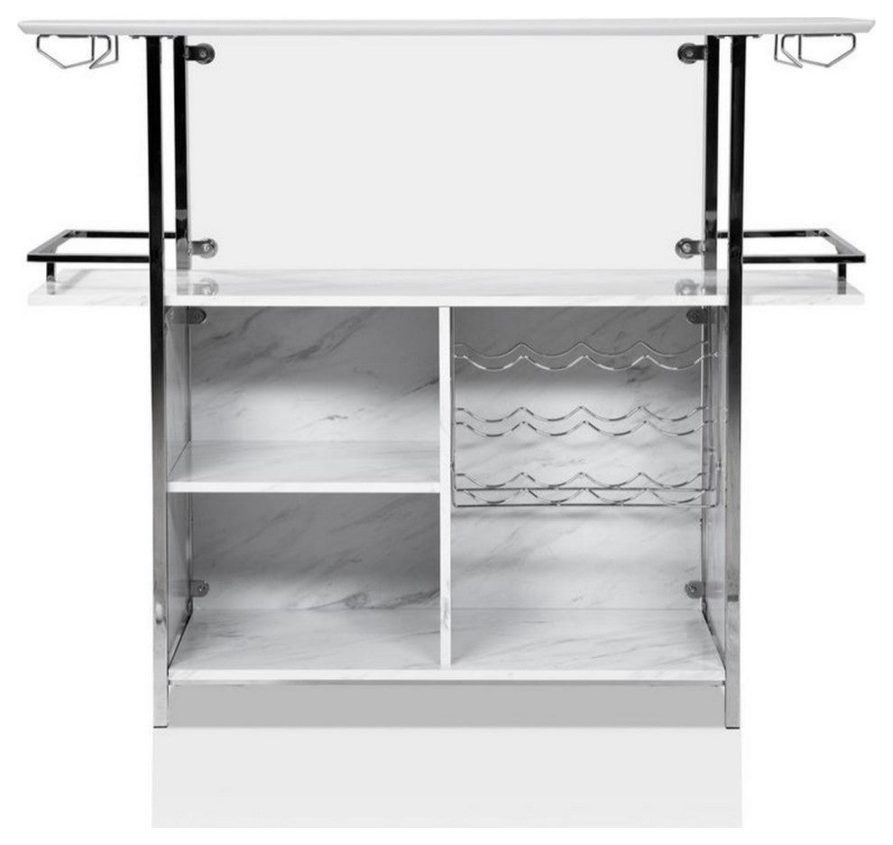 Bar Table with Faux Marble and Chrome Finish, White and Silver