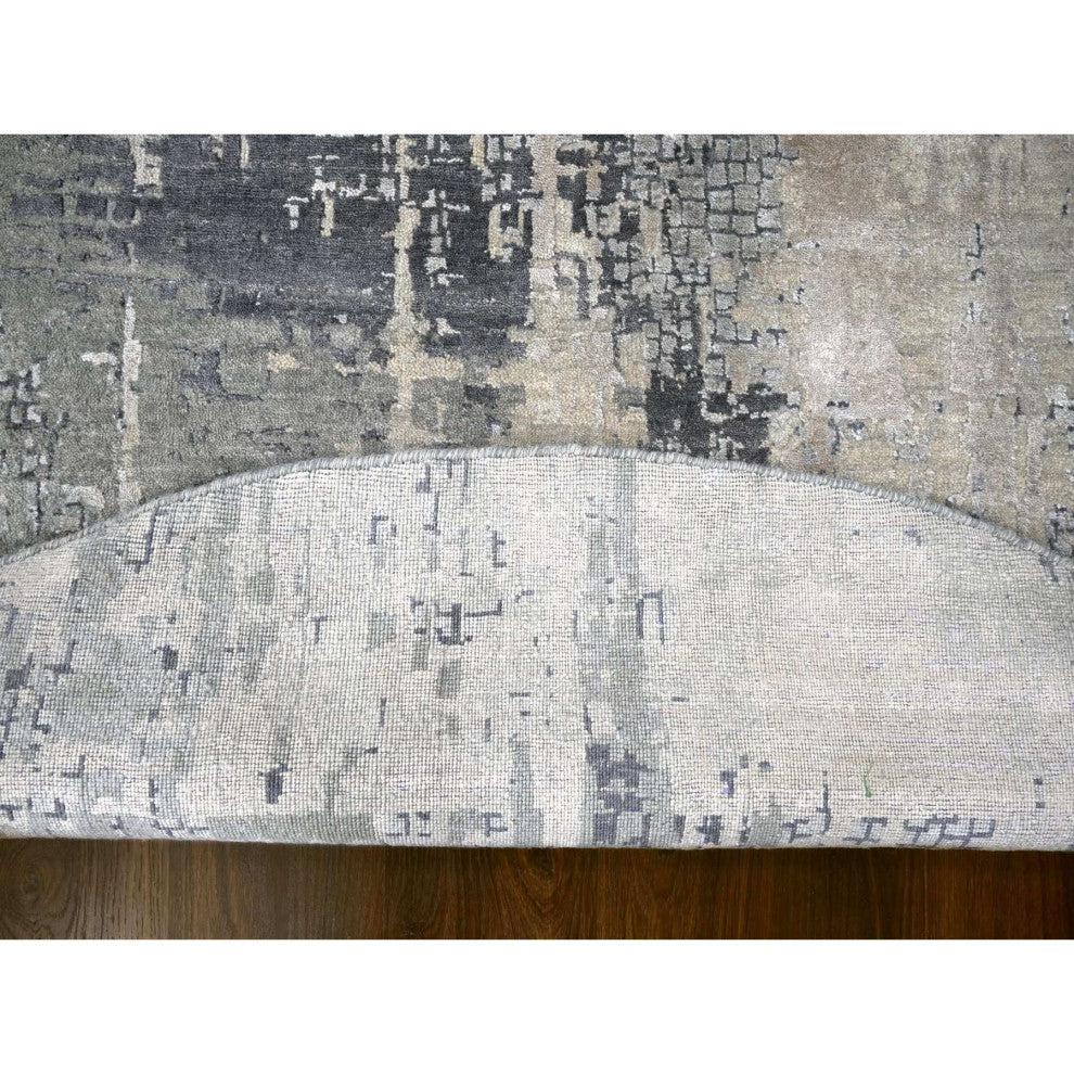 Cloud Gray Hand Knotted Abstract Design Wool and Silk Round Rug 9'10"x9'10"
