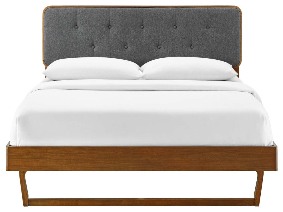 Platform Bed Frame, Full Size, Wood, Brown Walnut Grey Gray, Modern Contemporary