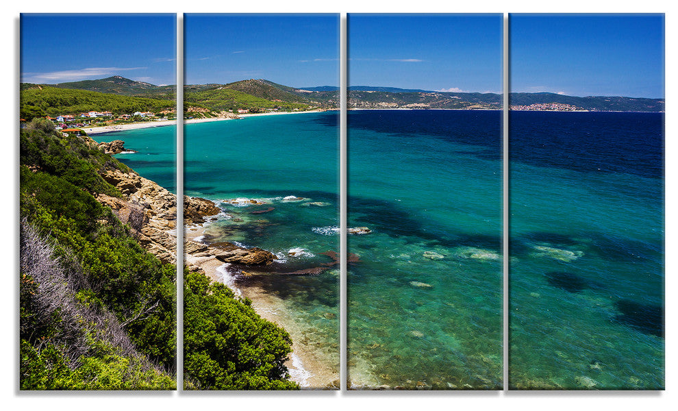 Beautiful Greek Beach of Sea, Seashore Canvas Art Print, 48"x28", 4 Panels