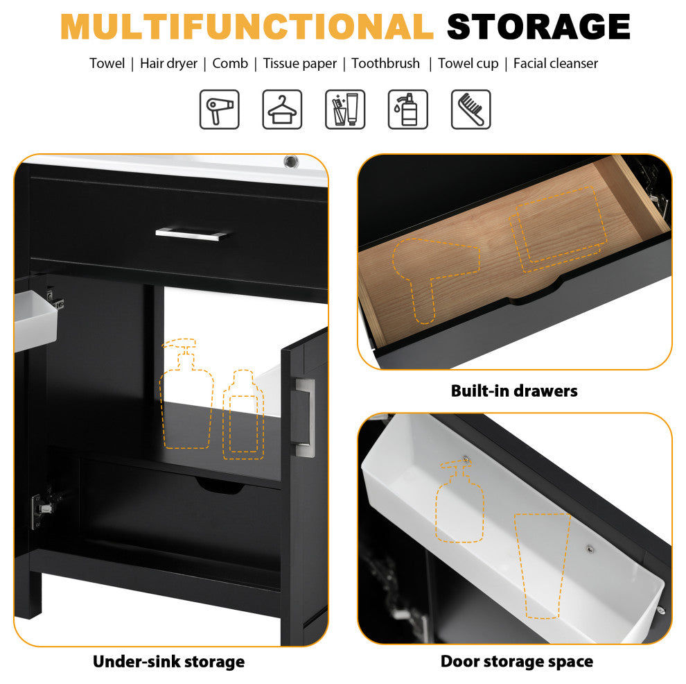 30 Inch Bathroom Vanity with Ceramic Sink and Ample Storage, Black